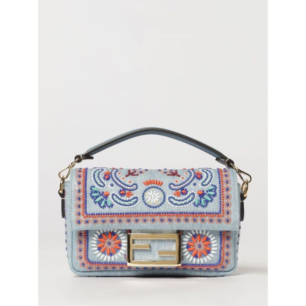 Fendi Women Baguette Denim Bag Fendi With Beaded Embroidery And Removable Handle